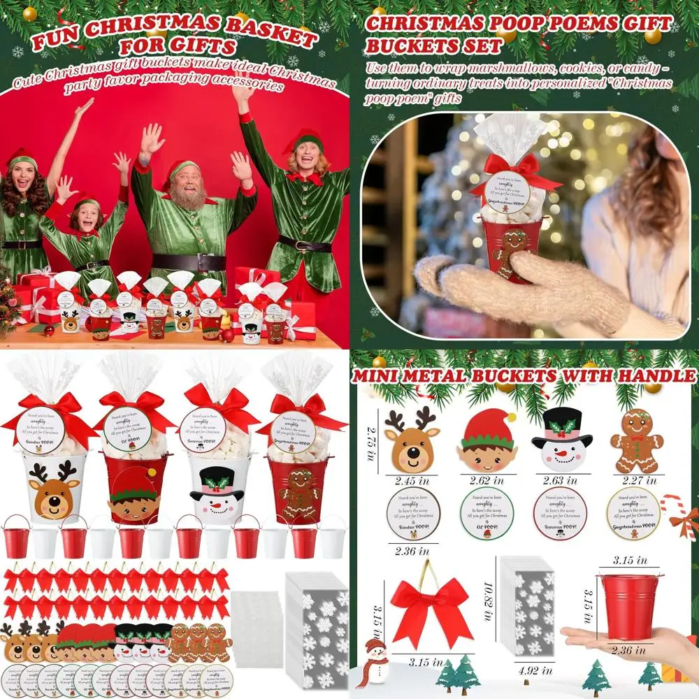 

Christmas DIY Poop Poems Gift Set - Red & White Metal Buckets with 48 Cards, 24 Bows, 5 Glue Sheets, 50 Snow Glassine Bags for F