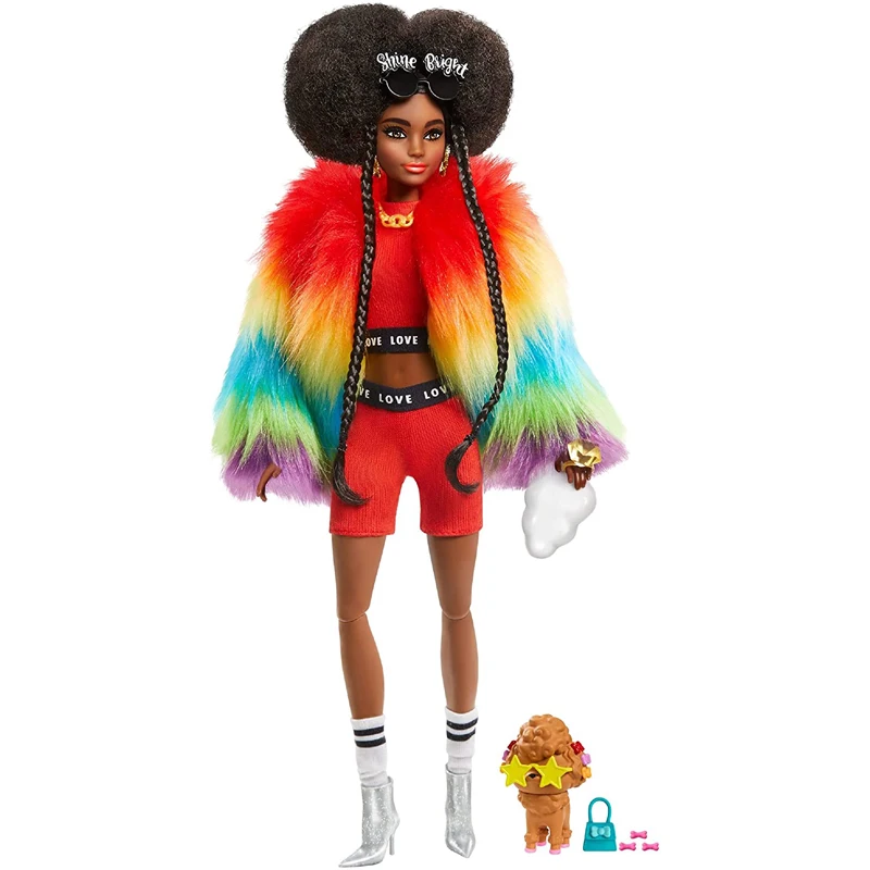 

Barbie Extra Doll #1 in Furry Rainbow Coat with Pet Poodle Brunette Afro-Puffs Dolls Fashion Toy Girls Birthday Gift GVR04