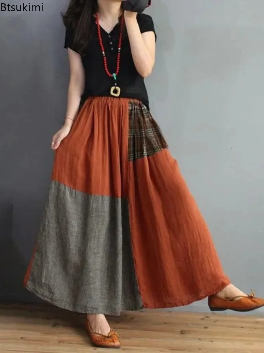 New Women's Retro Cotton Linen Color Blocking Long Skirts Spring Fashion High Waist A-line Skirts Daily Casual Women Streetwear