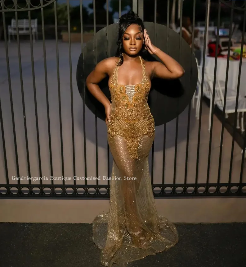 Sparkling Sexy Mermaid Prom Dress 2024 Champagne Luxury See Through Mesh Crystal Beaded African Girl Birthday Party فستان سهرة