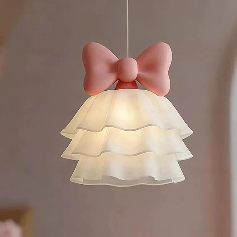 Cute Pink Bow Pendant Light Skirt‑Shade Hanging Lamp Romantic Fixture For Girls Kids Bedroom Nursery Decor