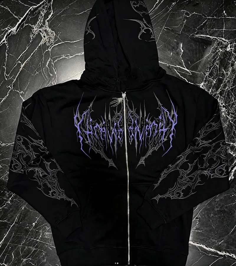 Herren Alt Gothic Zip-Up Hoodie Y2k High Street American Style Dunkler Dornen-Print Fleece-gefütterter Loser Biker Herbst-Winter-Sweatshirt – Detail 19