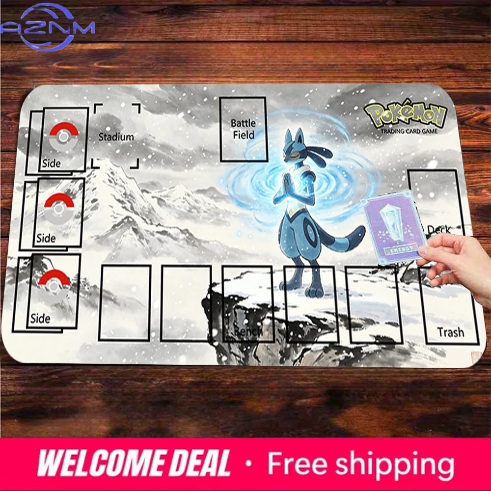 This is a custom Pokmon TCG playmat themed around Lucario (a powerful Fighting/Steel-type Pokmon known for its aura abilities)