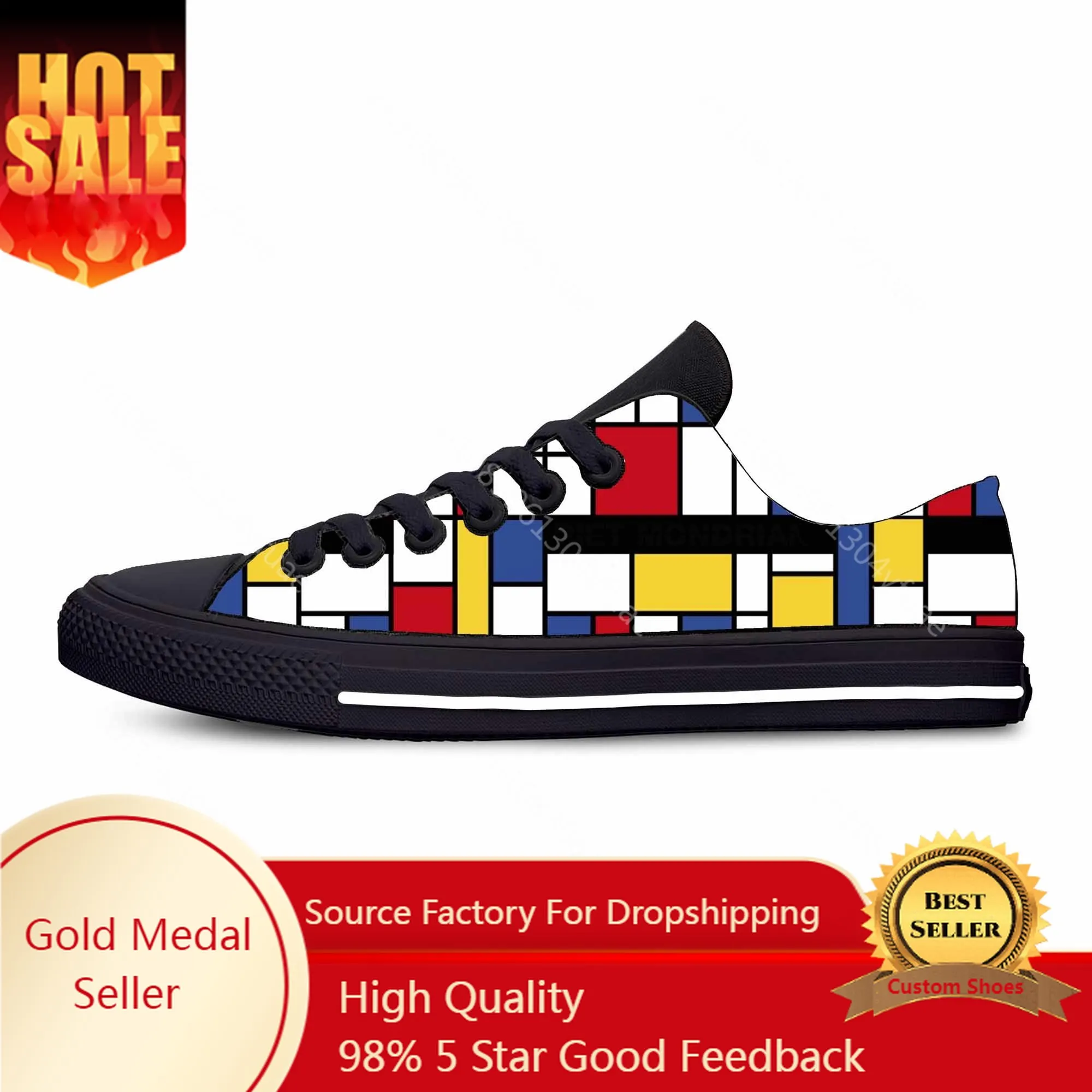 Piet Mondrian Abstract Geometric Pattern Painting Casual Cloth Shoes Low Top Comfortable Breathable 3D Print Men Women Sneakers