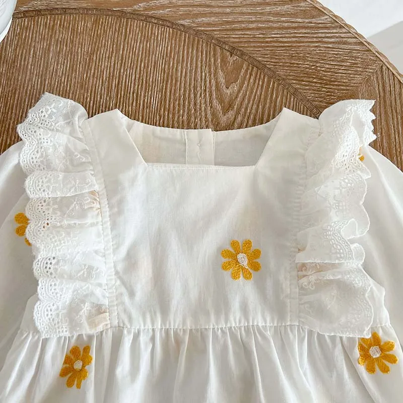 2024 Baby Spring Clothes Sweet Daisy Embroidery Girls Romper Long Sleeve Princess Jumpsuit Toddler Infant Korean Onesie 0-2T