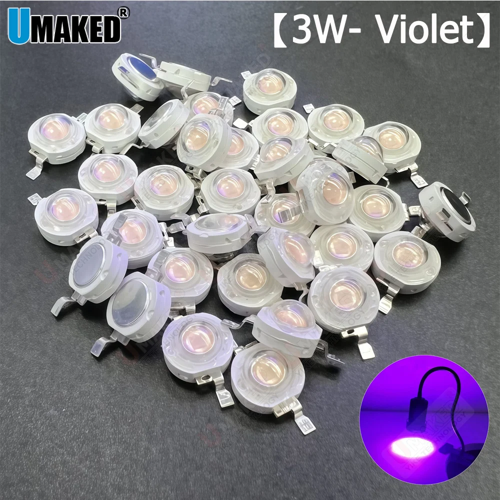 10/50pcs 3W Violet Color High Power LED Chips Bead, LED Bulb Lamp Source DIY for Downlight Spot Light Tracking Light