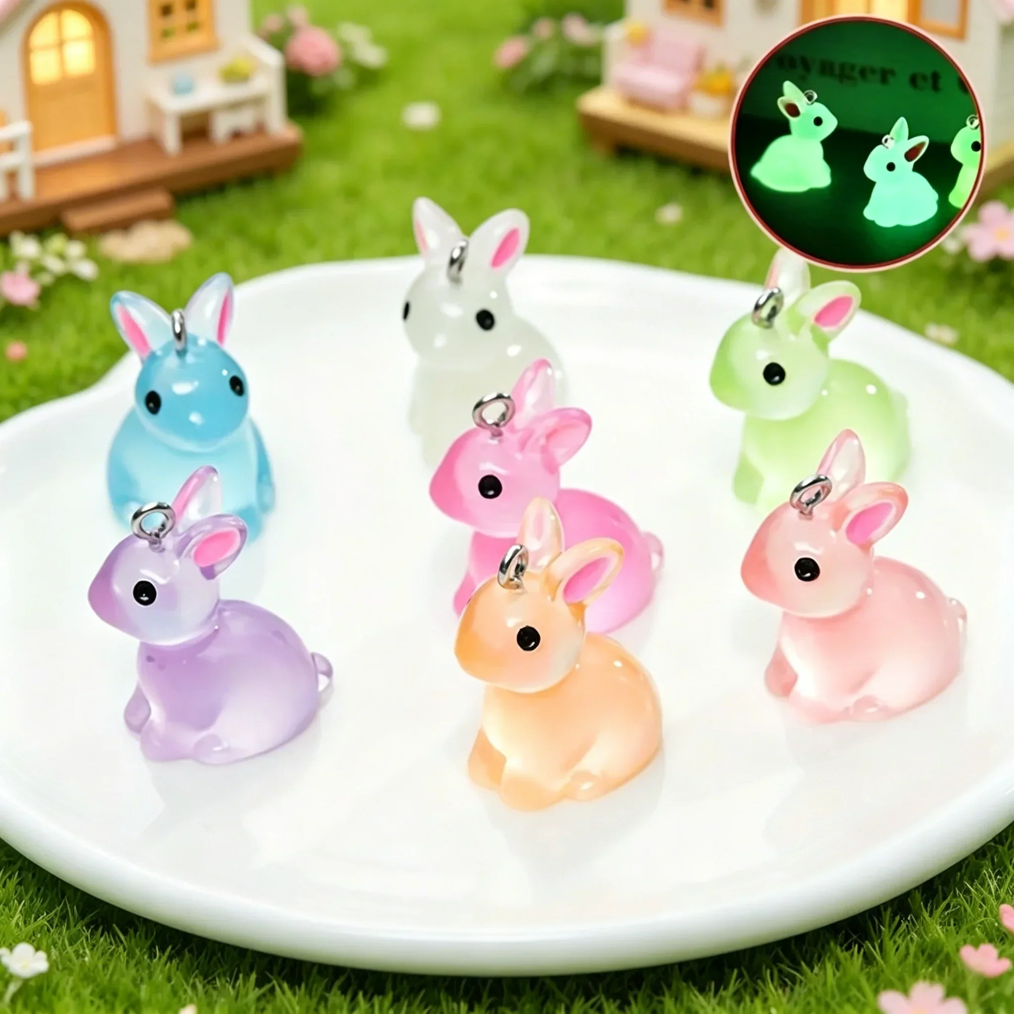 10Pcs Luminous Rabbit Resin Charms Glow In Dark Kawaii Bunny Pendants For Handmade Earrings Necklaces Jewelry Making Accessories