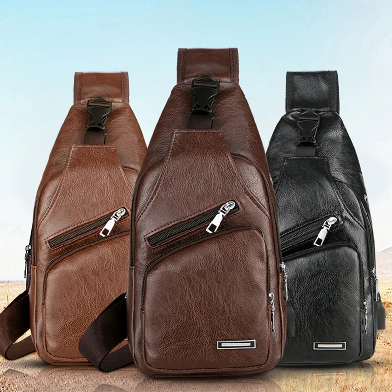 Men Shoulder Bags 2023 New Fashion men's Solid Color Casual Shoulder Chest Bag USB Charging Carrying Case Bag