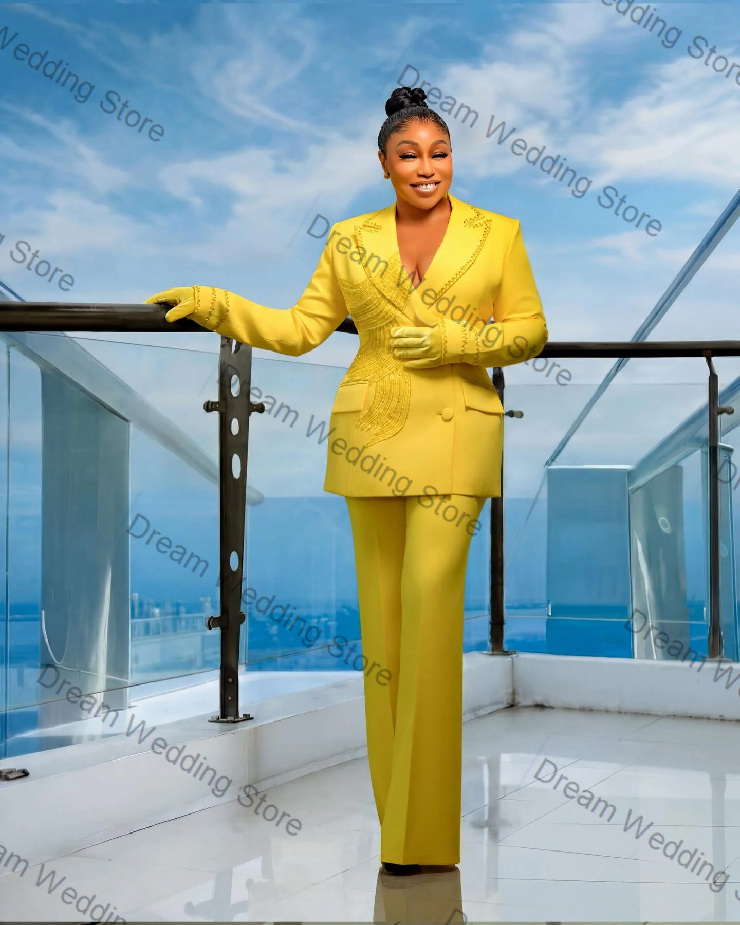 Yellow Women Suit Pants Set 2 Pcs Crystals Blazer+Trousers Cotton Spring Formal Office Lady Jacket Customized Wedding Guest Coat