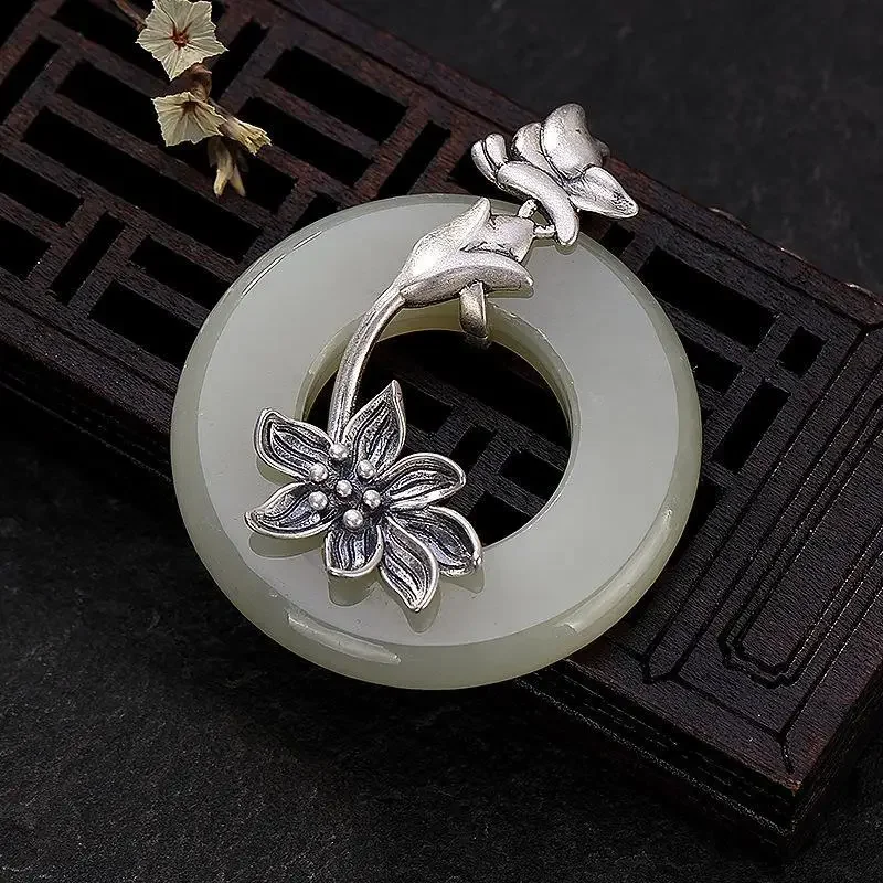 Original Design Hollow Creative Natural Hetian White Magnolia Flower Pendant Necklace Chinese Retro Charm Women's Silver Jewelry