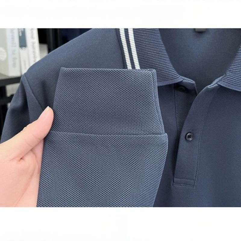 قميص بولو بياقة متباينة للرجال، أرجواني مع حواف بيضاء، ألياف بوليستر جديدة 100%، جودة الميدالية الذهبية، كم طويل للأعمال #6