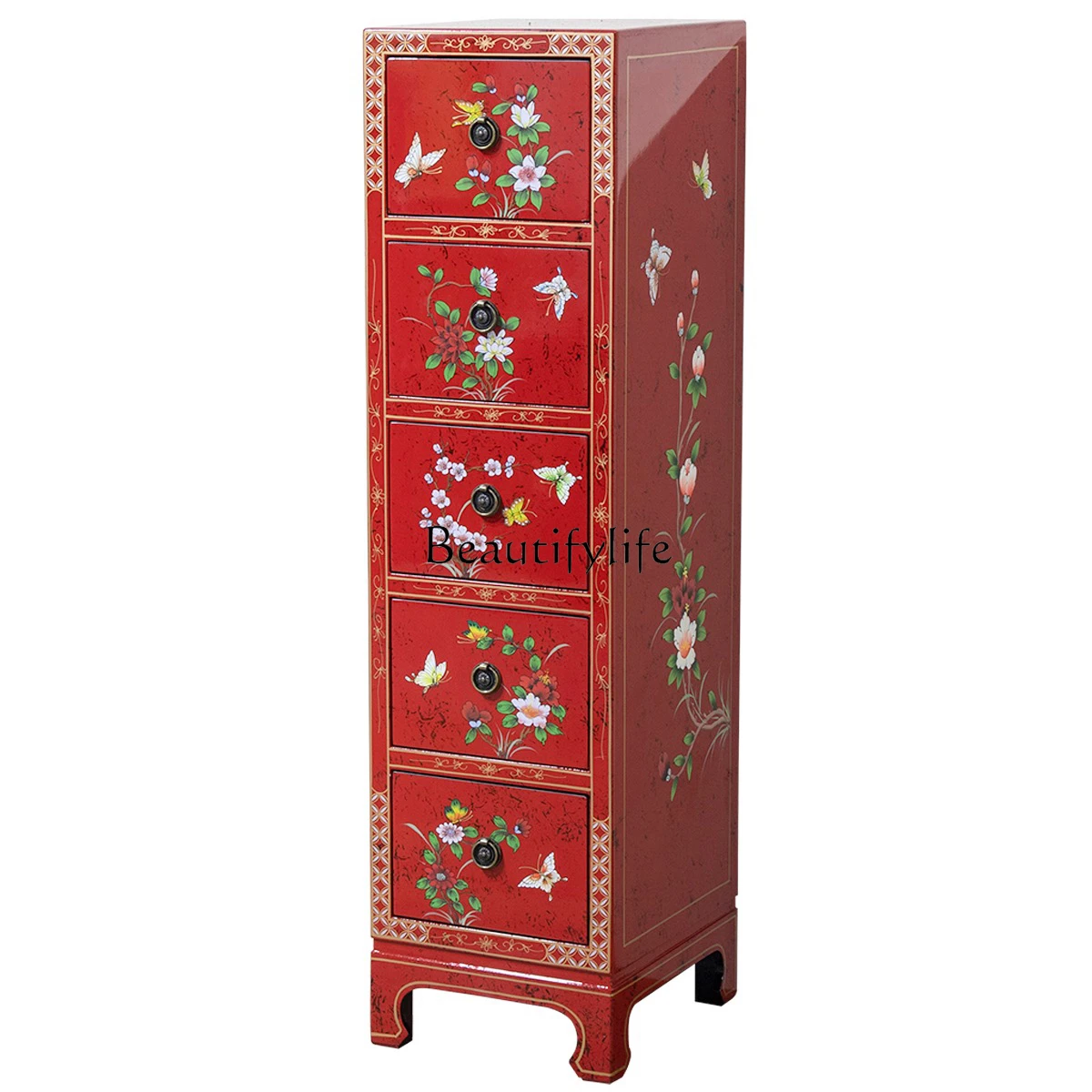 

New Chinese Classical French Red Hand Painted Five Bucket Locker Decoration Display Cabinet