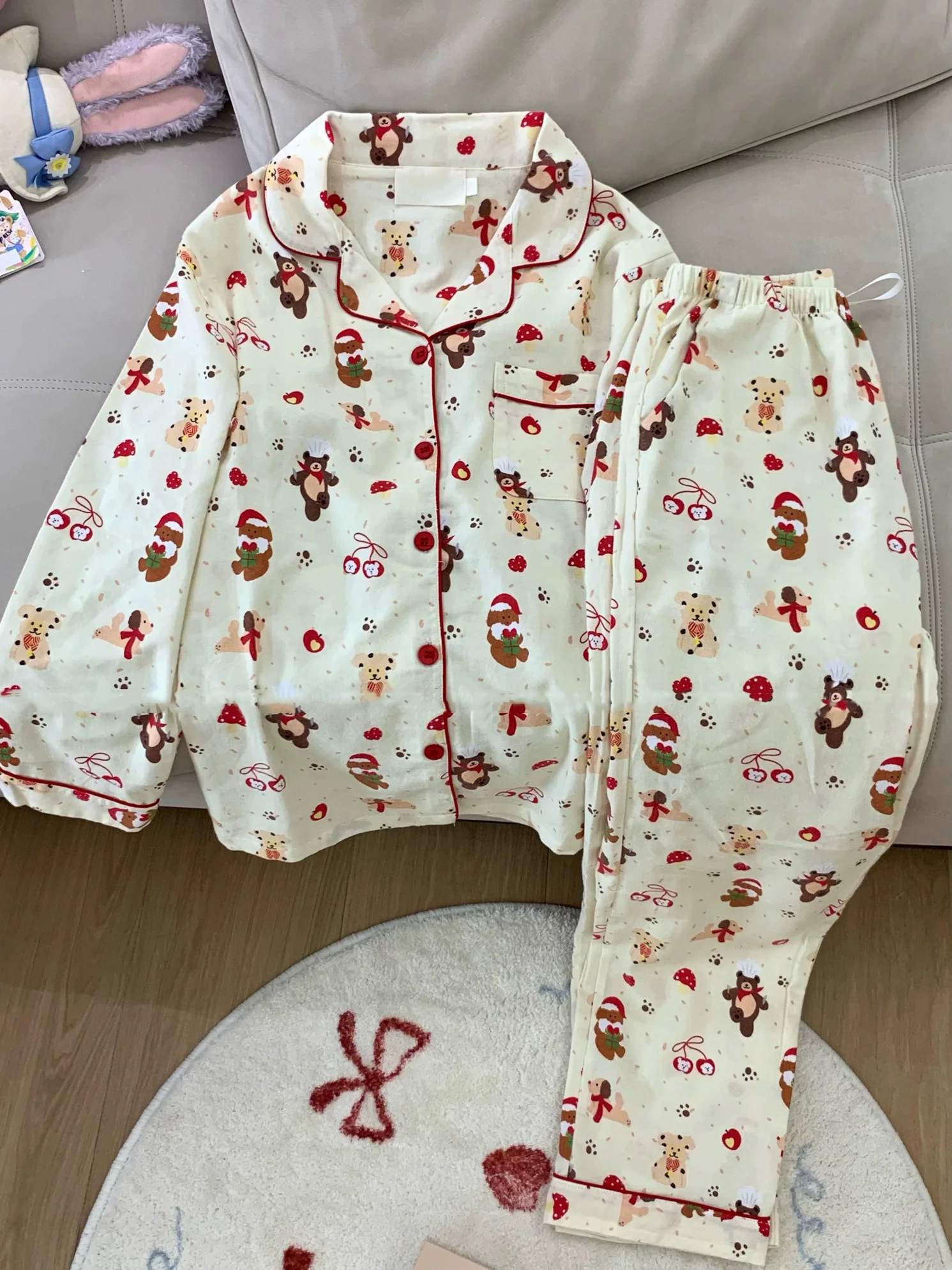 Natale PJ Set Donna Autunno Femminile Homewear Maniche lunghe Bottoni Indumenti da notte Pigiama Pantaloni Pigiama Set Kawaii Y2K Ragazze Indumenti