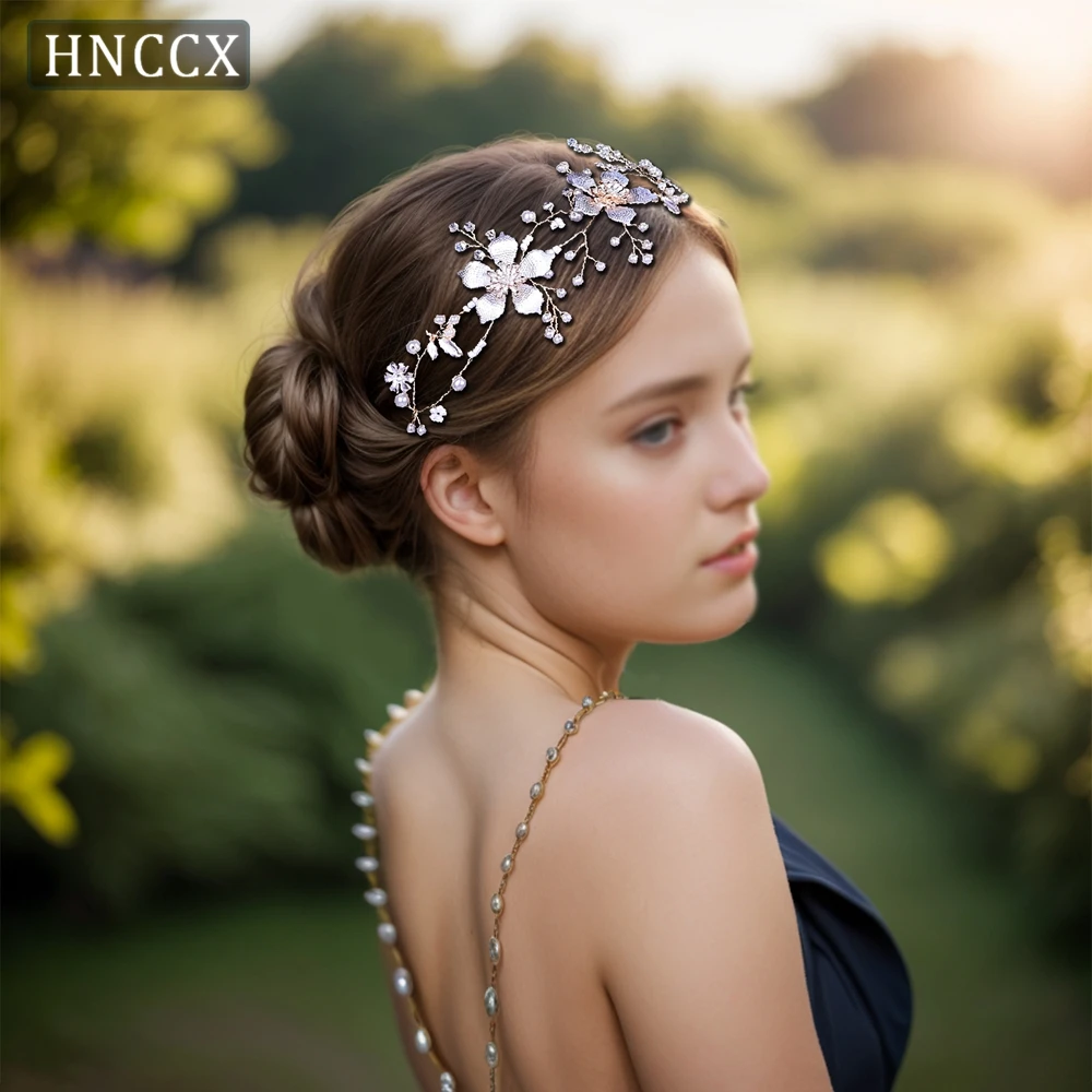 

HNCCX Bridal Alloy Flower Headband Elegant Woman Pearl Headpiece Wedding Hair Accessories Bridesmaid Crystl Hair Ornaments HP357