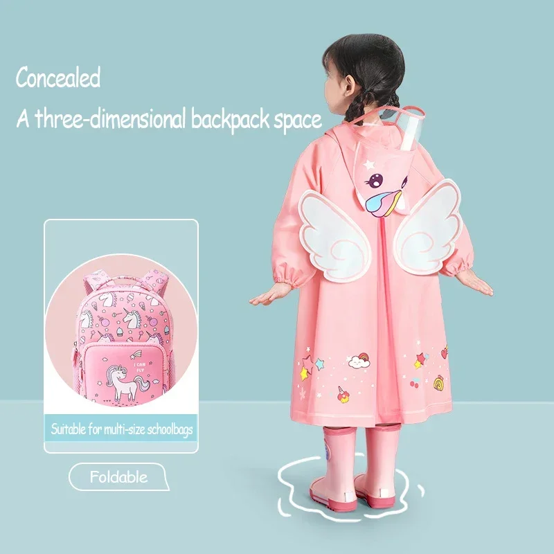 Raincoat EVA Waterproof Children Kindergarten Primary School Baby Backpack Hooded Jacket 2024 New