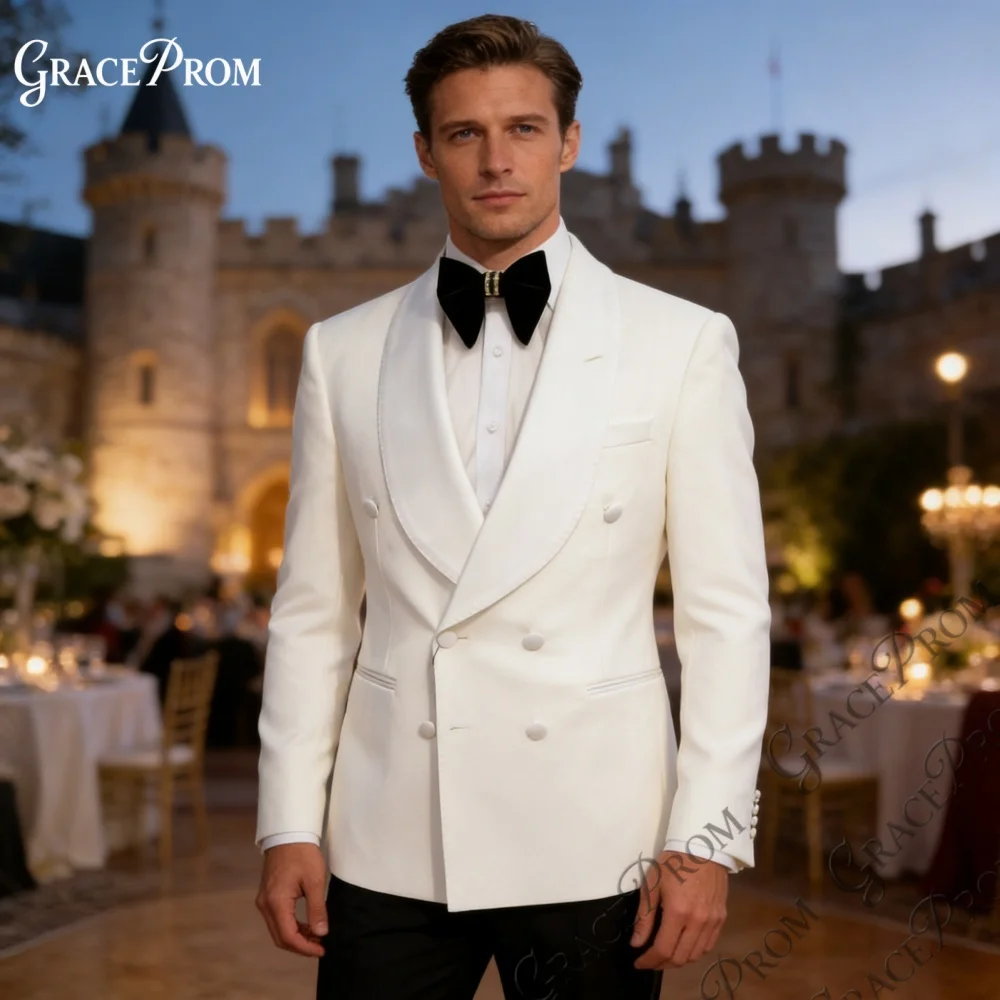 

Luxury White Double Breasted 2PCS Mens Tuxedo Elegant Shawl Lapel Groom Suit For Wedding Ceremony Prom Graduation Business Event
