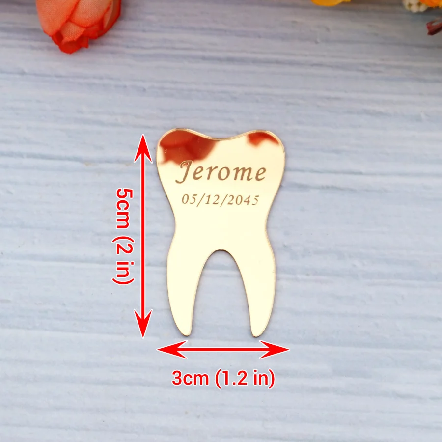 5pcs/Lot Cute Funny Tooth Shape DIY Acrylic Mirror Sticker Customized Name & Date First Tooth Babyshower Gift Decor 5*3CM