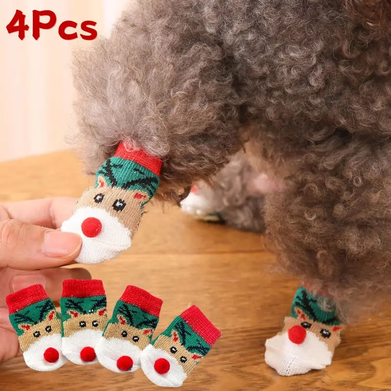 4pcs Warm Small Dog Paw Socks For Indoor Outdoor Soft Pet Knits Socks Cute Anti Slip Socks For Dogs Cat Non-Slip Puppy Dog Shoes