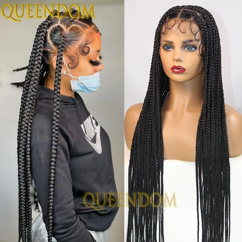 Full Lace Synthetic Cornrow Plait Braids Wig 36'' Jumbo Box Braid Crochet Goddess Wig Knotless Handmade Heart Shape Braided Wig