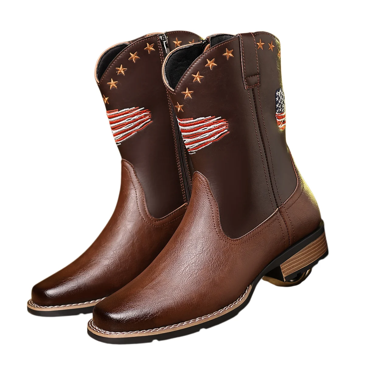 Men's Plaid Square Toe Low Heel Easiest for Match National Flag ZIP Outdoor Cowboy Boots