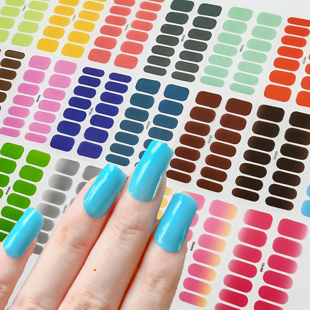 14Tips Solid Color Gradient Baking-free Nail Stickers Full Cover Long-Lasting Nail Strips Decals Self-Adhesive Nail Wraps Slider
