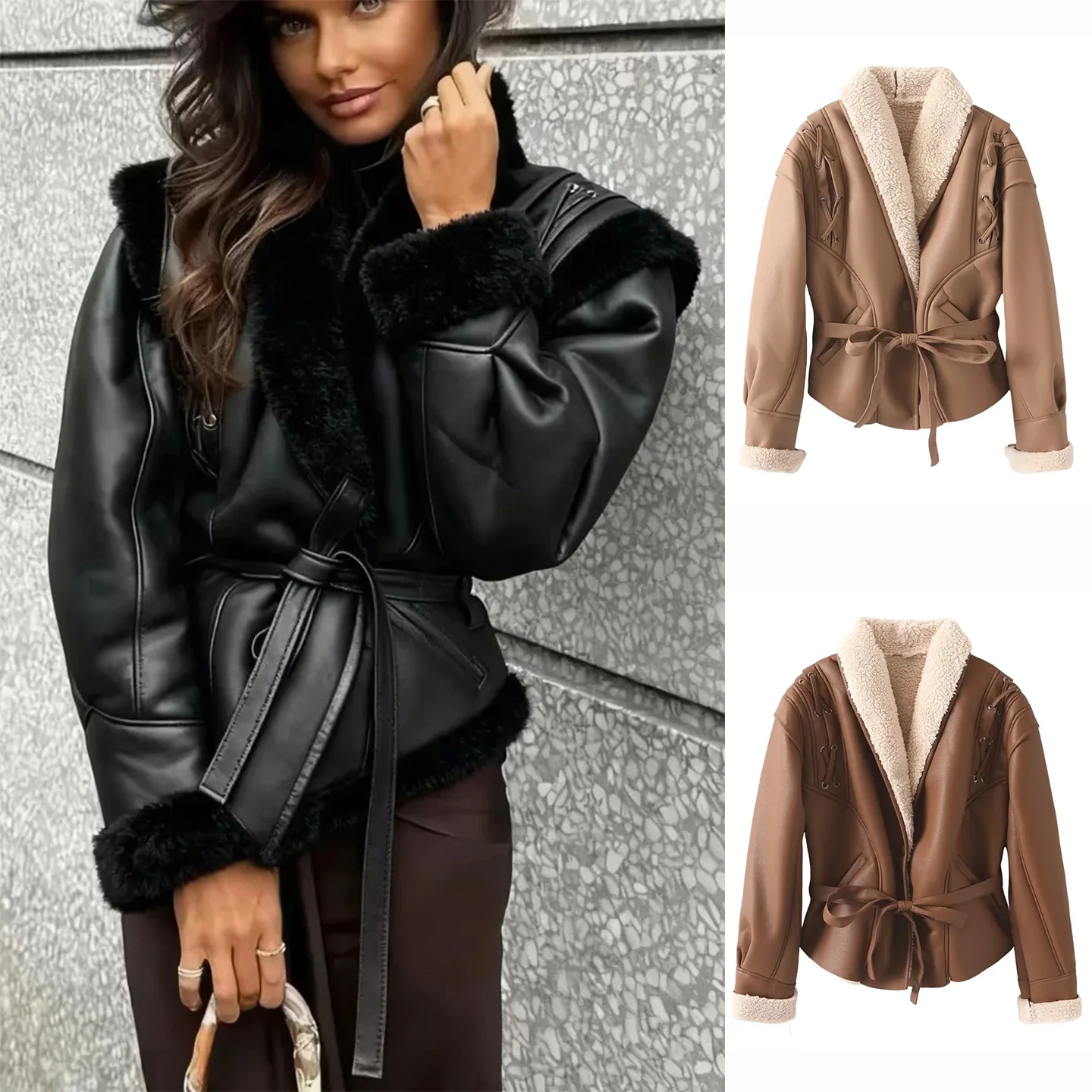 

Fall New Women's Long Sve Lapel Loose PU Leather Fur Inteated Asymmetrical Belted Jaet Coat Commute Sle ort Length...