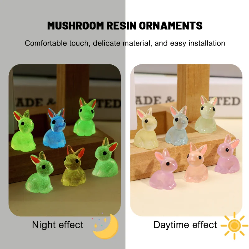 10/2 buah lucu Mini bercahaya Resin Bunnies ornamen menyala dalam gelap miniatur angka kelinci lanskap mikro dekorasi rumah boneka