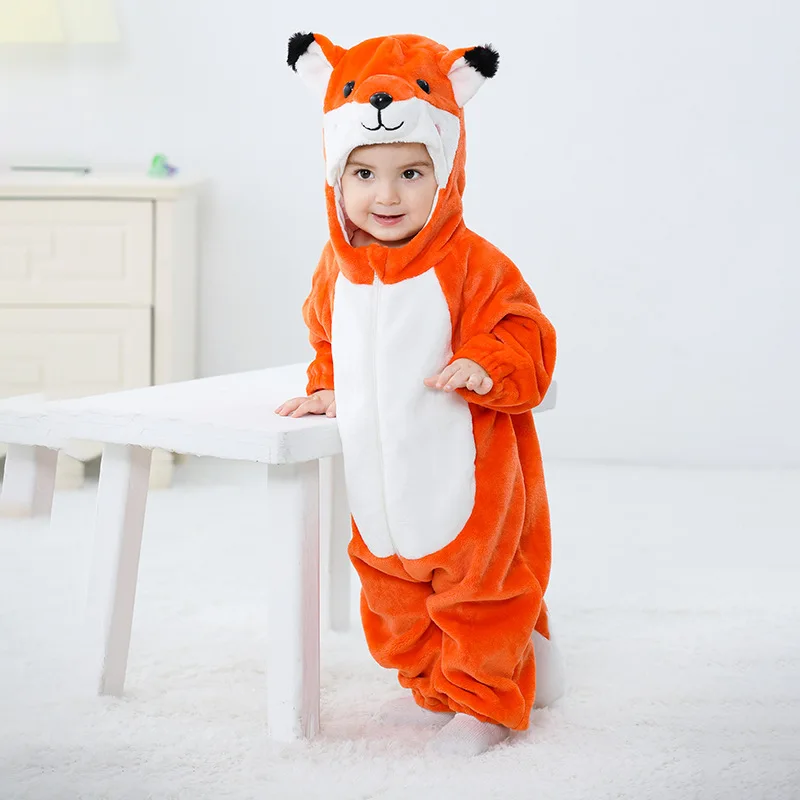 Halloween Baby Romper Winter Hooded Flannel Toddler Infant Clothes Overall Cartoon Fox Bodysuits Jumpsuit Costume For Kid Bebe