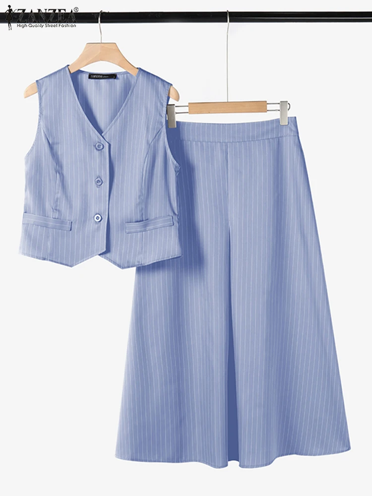 

ZANZEA 2025 Fashion Striped Printed Pleating Pocket Outfit Women Office Lady Dress Set Vintage Summer Tank High Waist Skirt Suit