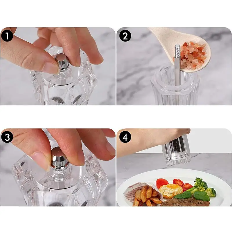 Manual Acrylic Salt and Pepper Grinder, Sea Salt Shaker, Prismatic Transparent Pepper Mill, Ceramic Core Seasoning Bottle