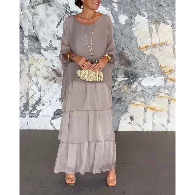 Female Elegant Floral Print Chiffon Boho Long Dress Spring Round Neck Women Pullover Dress Half Bat Sleeve Cake Skirt Dress