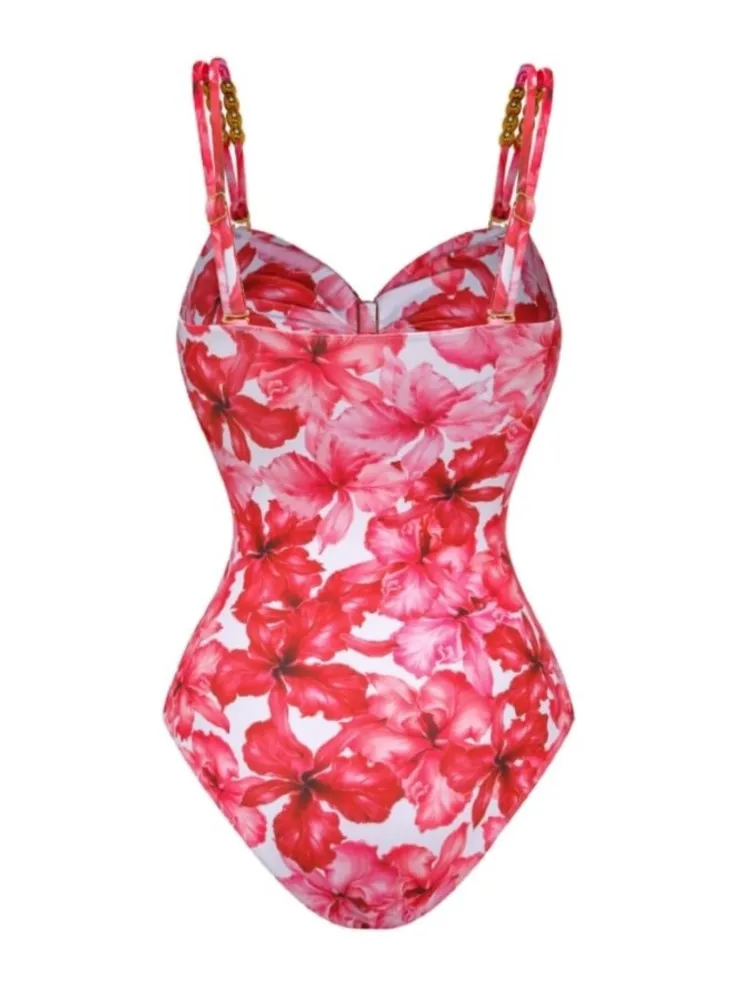 Bikini Retro con estampado de flores para mujer, traje de baño de una pieza con falda ajustada, estilo vendaje de lujo para playa y verano