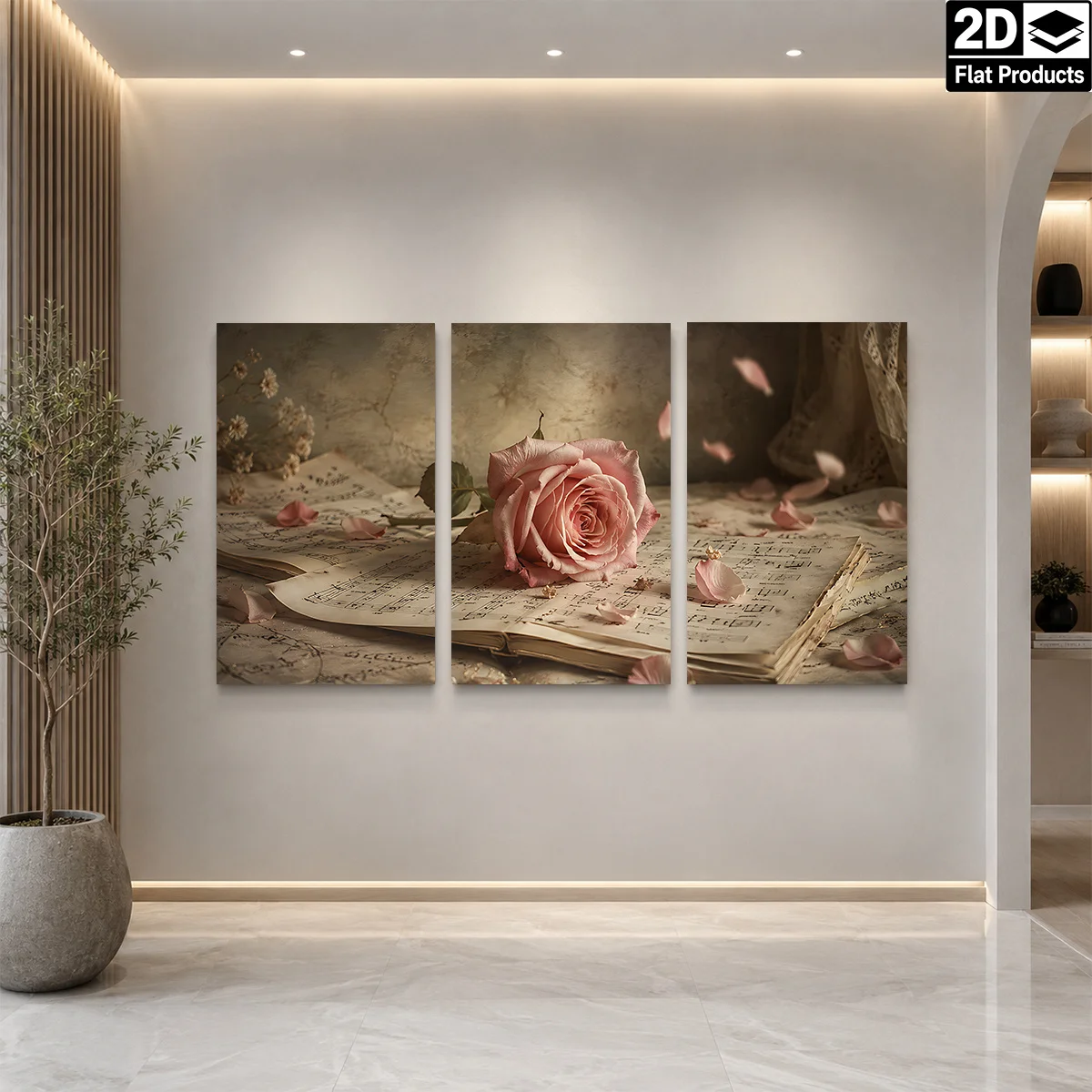 Frameless canvas 2D Flat 3PCS - A pink rose on old sheet music with scattered petals and dried flowers Themed Canvas Wall Art