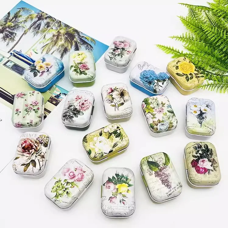 32Pcs(1 Box)   Flower Chewing Gum DIY Mini Cover Iron Tin Earphone Ring Metal Case / Pill Cute Small Kit/Candy Storage Gift Box