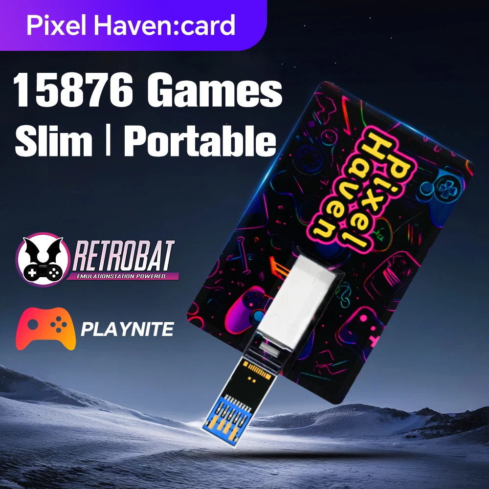 

256G Pixel Haven Retro Gaming Card Portable Gaming Drive Slim USB 15,876 Games Plug & Play Credit Card Size Playnite & RetroBat