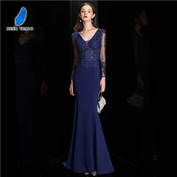 DEERVEADO Elegant Mermaid V Neck Satin Evening Dress with Appliques Full Sleeves Formal Occasion Party Dress Evening Gown