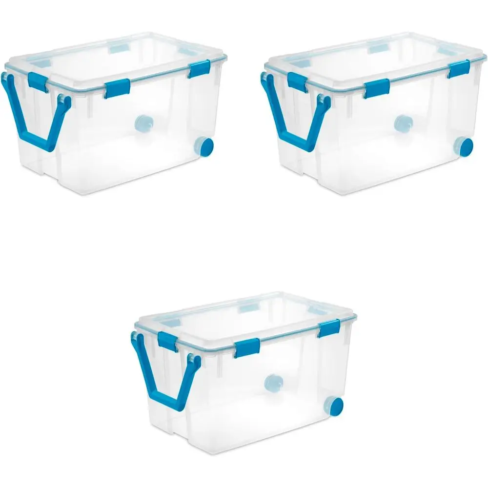 

Stackable 120 Qt Plastic Wheeled Gasket Box with Clear Lid and Tight Seal, 3-Pack Storage Bin