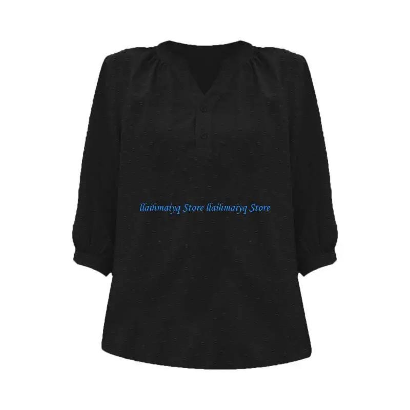 

573B Women's Casual 3/4 Sleeve Henley V-Neck Button Up Pleated Back Blouses Dot Blouse Tops T-Shirts