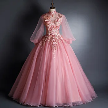 Vestidos De quinceañera personalizados con ilusión, manga larga, cuello alto, vestidos De baile clásicos con apliques De encaje, Vestido De tul para Debutante