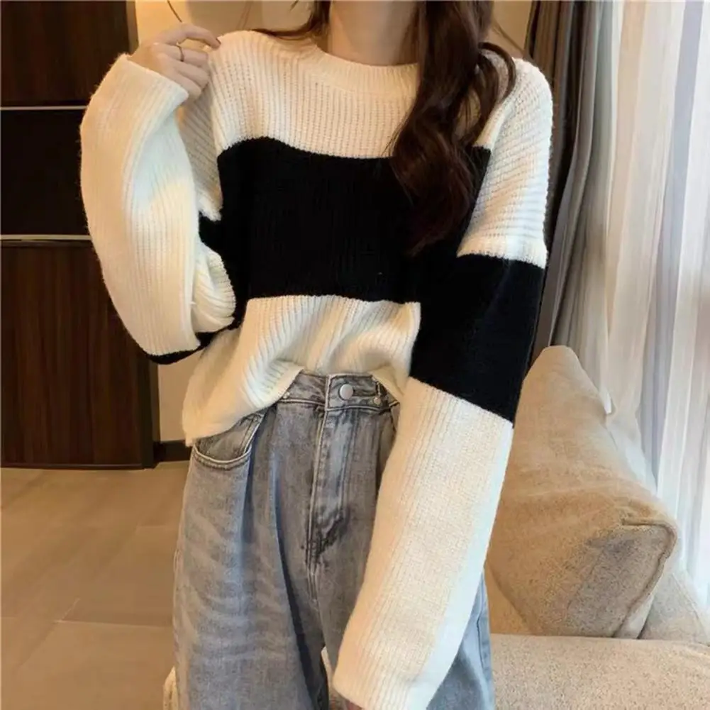 Herbst Winter Frauen Pullover Color block gestrickt lose elastische Rundhals ausschnitt Langarm Anti-Schrumpfen dicken warmen weichen Pullover