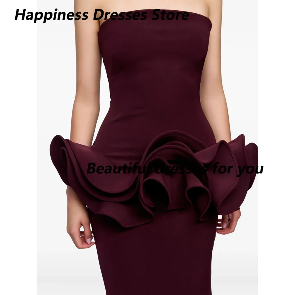 Bourgondische avondjurk Jersey vloerlengte sexy strapless backless galajurken mode rugsplit Saoedi-Arabische feestjurk