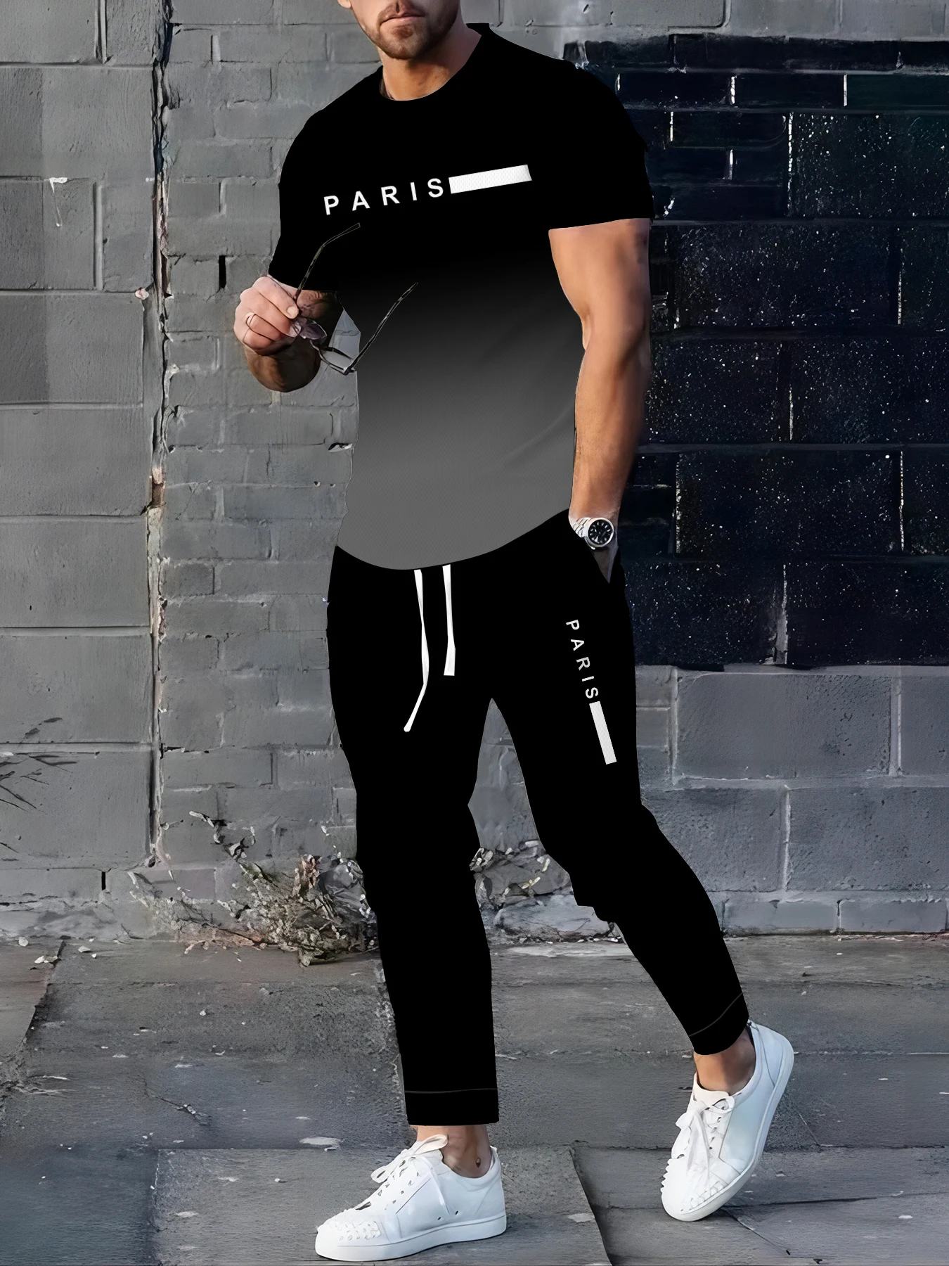 

The 2025 Summer new men's suit is a casual and fashionable 3D letter-printed outdoor gradient men's wear