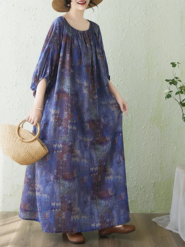 

plus Size Cotton Linen Print Dress Loose Meat Concealing Slimming Robe Lantern Sleeve Long Dress Casual High Waist A-Line Skirt