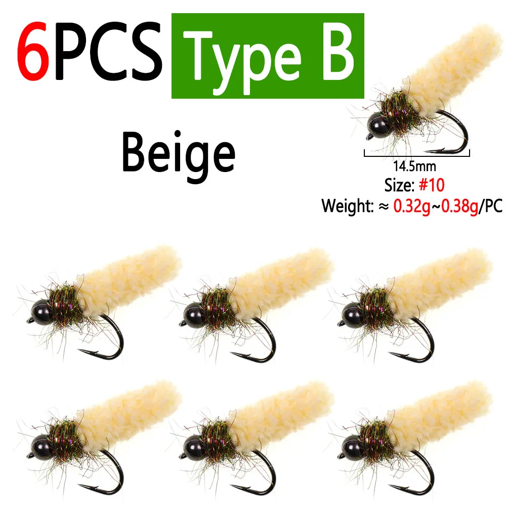 Bimoo 6 Stück Messing-/Wolfram-Kugelkopf-Mop-Fliegen, künstliche Kranichfliegen, Caddis-Larven, Nass-Jig-Nymphenfliegen für Forellen- und Fischgrälfischerei