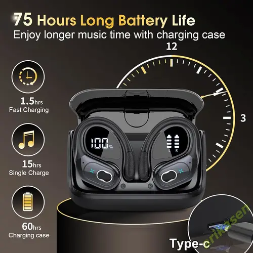 Imagen 2 del producto Auriculares Bluetooth 5,3, auriculares inalámbricos 2024, auriculares deportivos Bluetooth de 75 horas con micrófono con cancelación de ruido, auriculares impermeables IPX7