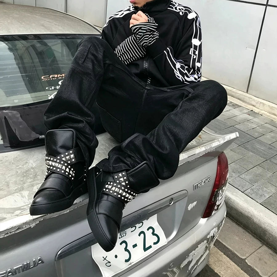 High-Top Sneakers for Men Black Leather Strap Pyramid Studs Rivet Lace Up Platform Skate Footwear Punk Rock Street Style