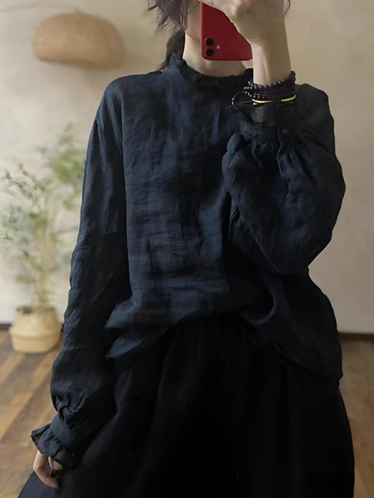 レッドレースカラーリネンirtレディースルーズランタンスリーブファッション春2025通勤スリーブレギュラースリーブロングスリーブトップ