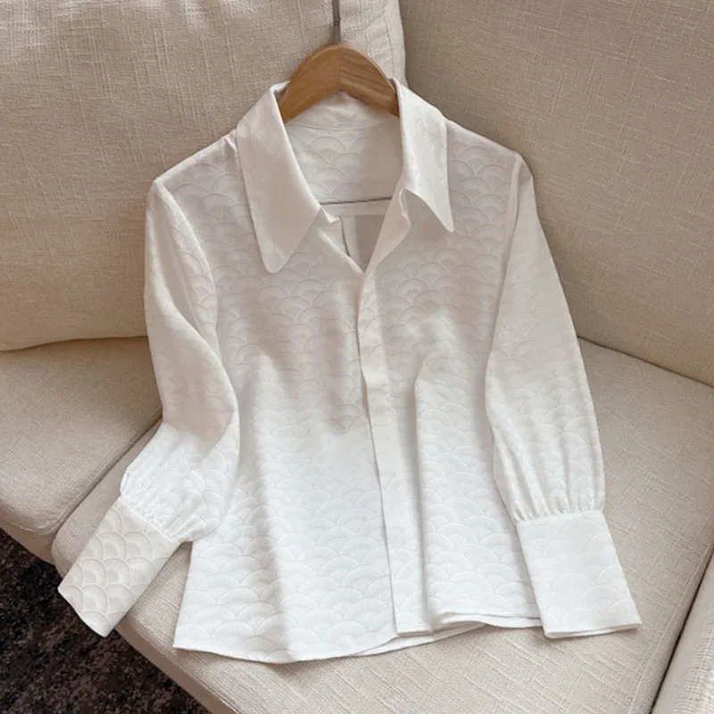 Korean Slim Fit Polo Collar Jacquard Fish Scale Texture Long Sleeve Office Lady Shirt White Slim Soft Satin Women's Blouse 31260