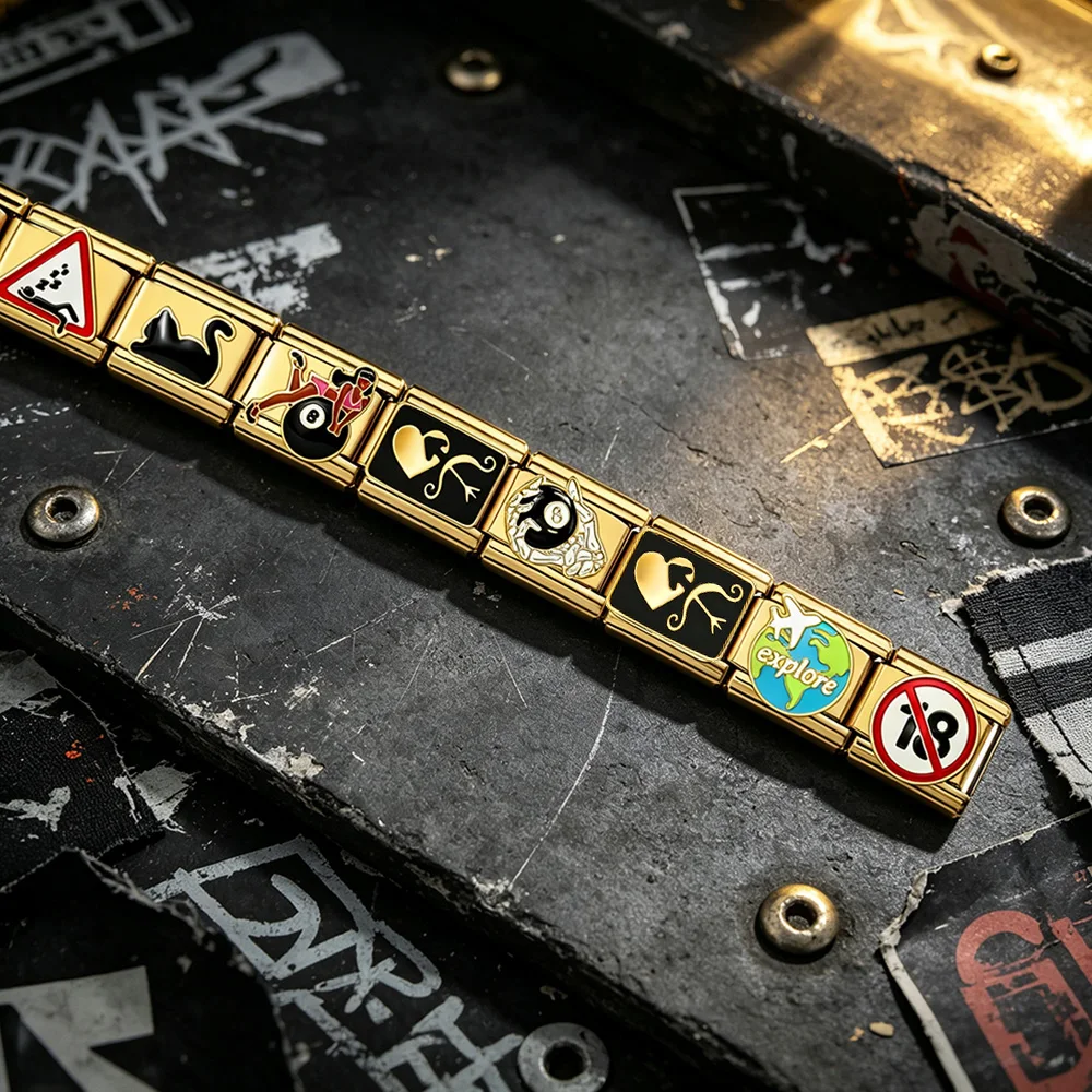 9mm Klassisches Italienisches Armband mit Charms in Goldfarbe, Totenkopf-, Reise-, Planeten-, Katzen- und Billardmuster, Edelstahl-Schmuck, Geschenk – Detail 3