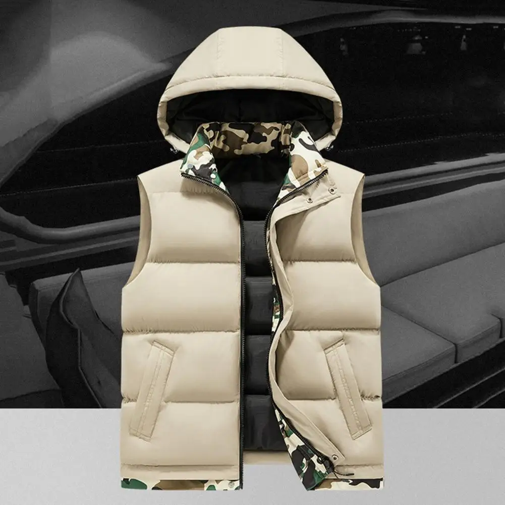 Autumn Men Vest Men's Camouflage Hooded Vest with Stand Collar Windproof Design Zipper Closure Sleeveless Winter Waistcoat